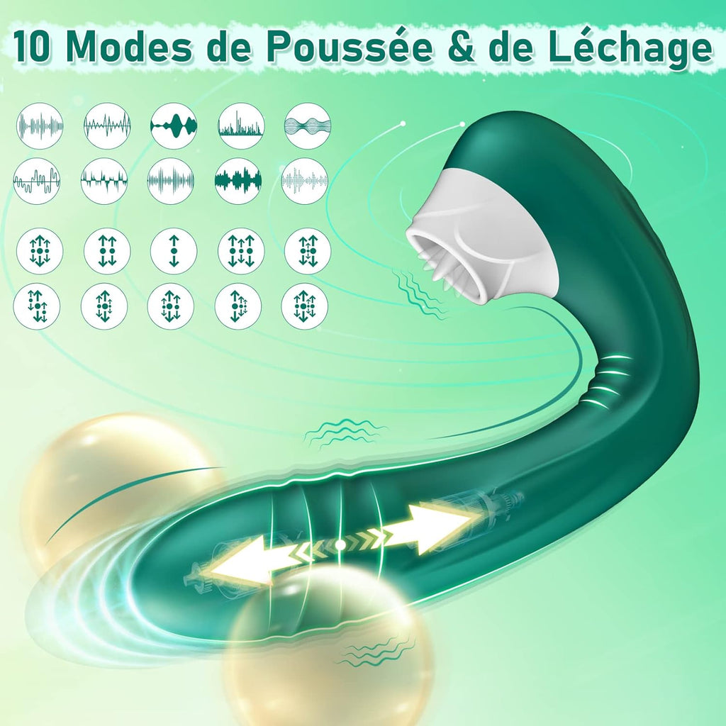 Vibromasseur en Silicone Point G pour Femme,Clitoris Vibrator avec 10 Modes de Poussée et de Léchage,Étanche Jouets Sexuels Rechargeables avec Stimulation Anale pour Couple, Adultes