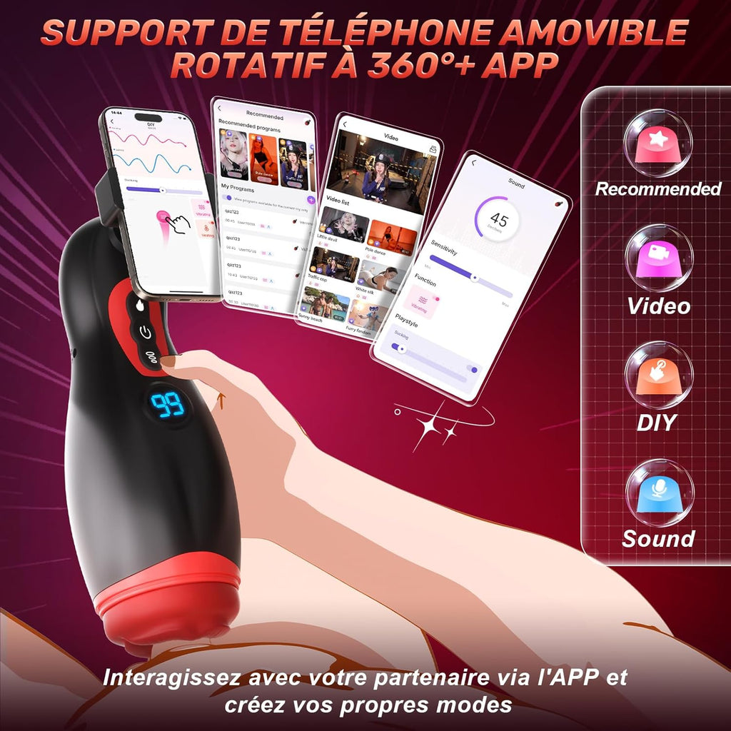 Masturbateurs Masculins Sex Toýs Homme, Support de téléphone Masturbâteur Homme Mains Libres avec 9 Succion et 9 Vibration, 3D Vaginette Ultra Réaliste Bouche Sexy Fonction de chauffage Sex Toys, APP