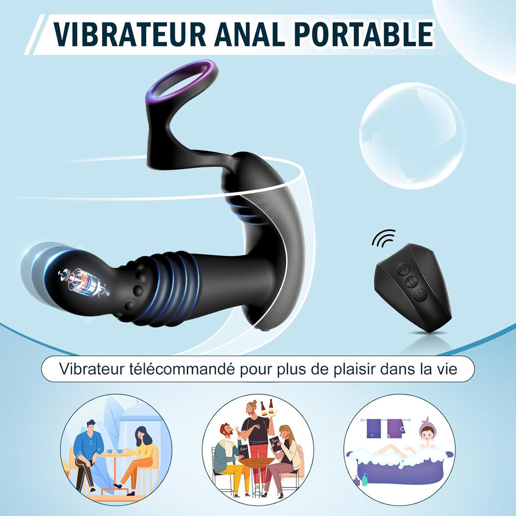 Masseurs de Prostate Sex Toys Anals avec Anneaux de Pénis, Vibromasseur Anal Télécommandé avec 10 Modes de Poussée & de Vibration, Vibrateur Gode Anal Plug Anal Vibrant Sextoy pour Hommes et Couple