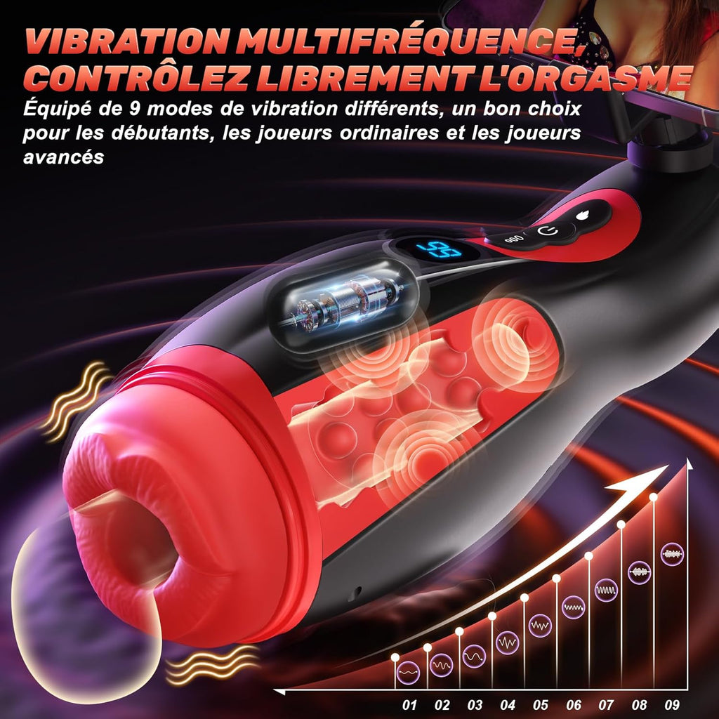 Masturbateurs Masculins Sex Toýs Homme, Support de téléphone Masturbâteur Homme Mains Libres avec 9 Succion et 9 Vibration, 3D Vaginette Ultra Réaliste Bouche Sexy Fonction de chauffage Sex Toys, APP