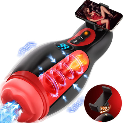 Masturbateurs Masculins Sex Toýs Homme, Support de téléphone Masturbâteur Homme Mains Libres avec 9 Succion et 9 Vibration, 3D Vaginette Ultra Réaliste Bouche Sexy Fonction de chauffage Sex Toys, APP