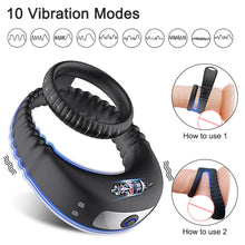 Charger l'image dans la galerie, Anneaux vibrants pour couple pour hommes, Anneau pénien 2 en 1 pour un plaisir et une stabilité accrus, 10 vibrations réglables pour des performances plus longues et plus fortes