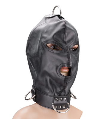 Cagoule BDSM en similicuir trois ouvertures et anneaux
