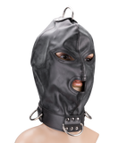 Cagoule BDSM en similicuir trois ouvertures et anneaux