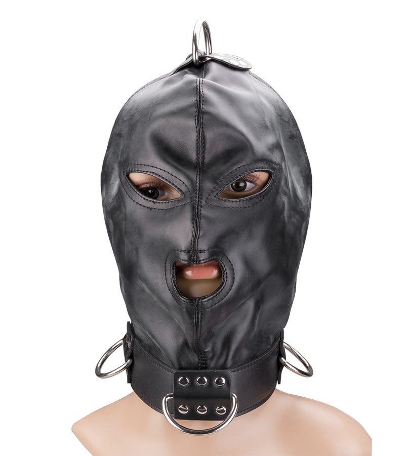 Cagoule BDSM en similicuir trois ouvertures et anneaux