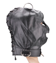 Charger l'image dans la galerie, Cagoule BDSM en similicuir trois ouvertures et anneaux