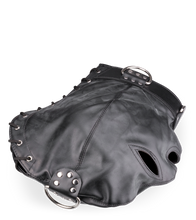 Charger l'image dans la galerie, Cagoule BDSM en similicuir trois ouvertures et anneaux