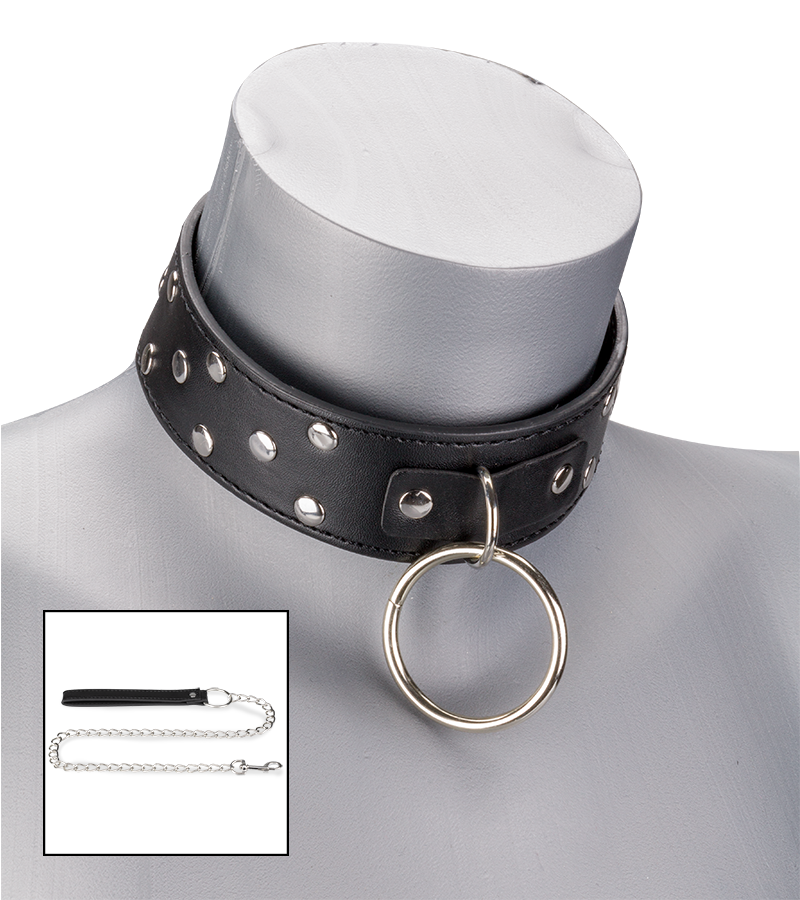 Collier BDSM rivets et anneaux avec laisse