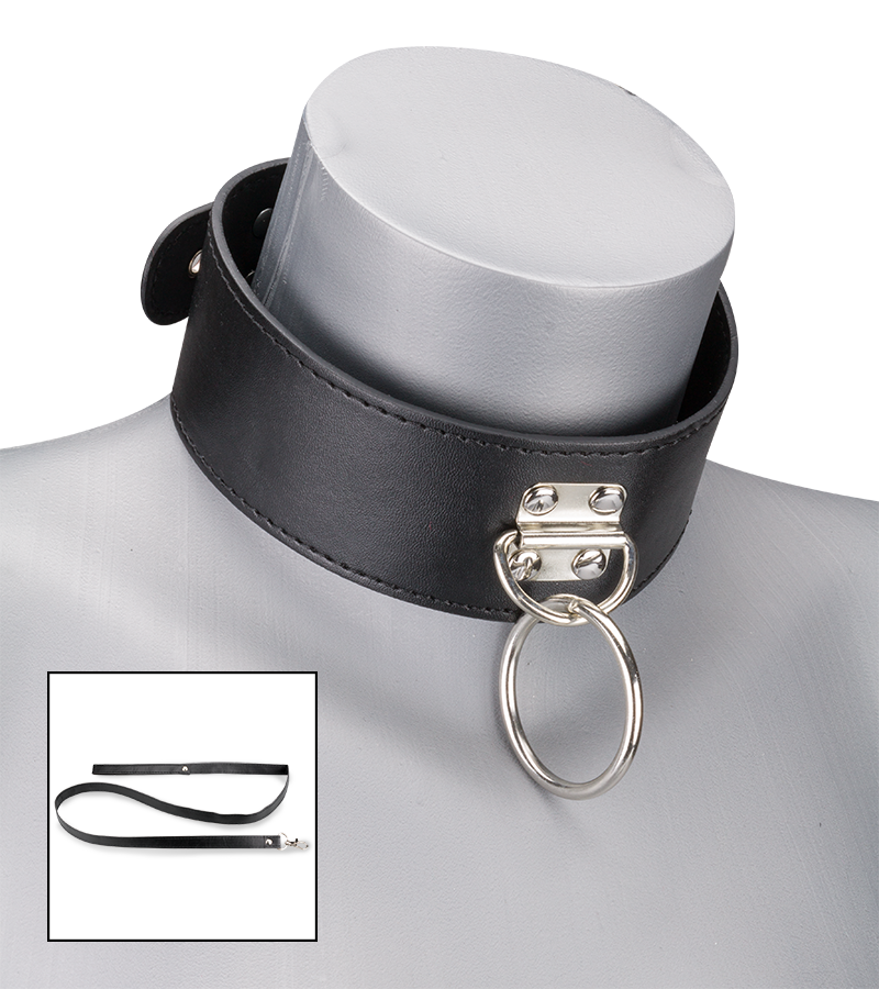 Collier BDSM similicuir 1 anneau + laisse