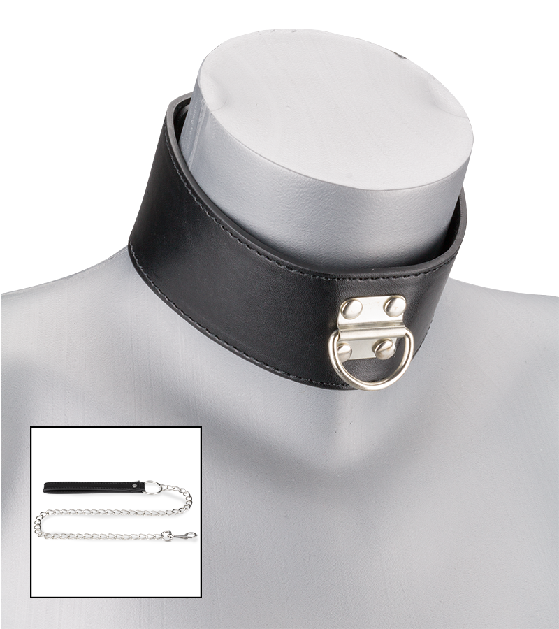 Collier cuir BDSM et laisse chaine avec cadenas