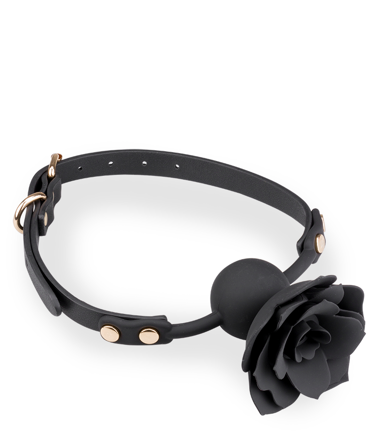 Gag ball en similicuir avec rose en silicone