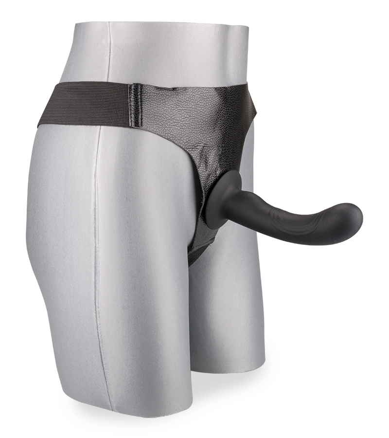 Gode harnais noir silicone doux courbé 15,0cm