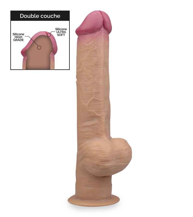 Gode ventouse silicone double couche à poignée 33,0cm