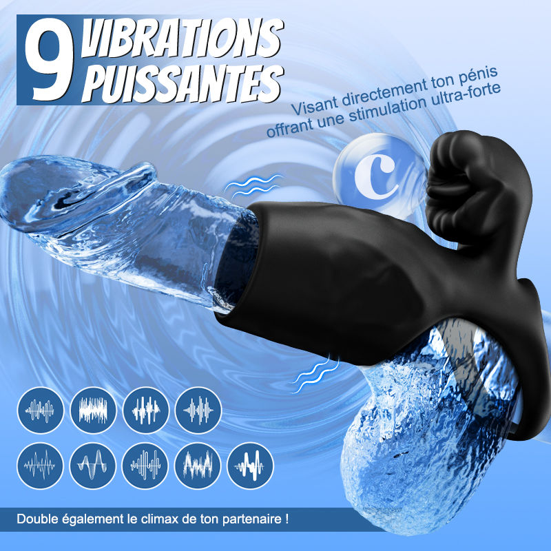 Titan - 9 Vibrations Texture de Pénis Simulée Anneau de Chasteté Double Testicules & Pénis Jouet Sexuel pour Couples
