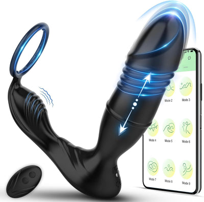 Sex Toys Plug Anal Vibromasseur pour Homme - Gode Masturbeuse pour Gay, Masseurs de Prostate Vibrant avec Anneau Pénien, Sextoy Anus Plugs Anals avec 9 Modes Télescopiques 9 Modes Vibrations