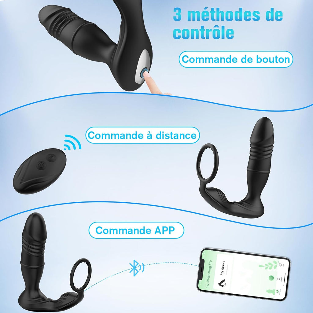 Sex Toys Plug Anal Vibromasseur pour Homme - Gode Masturbeuse pour Gay, Masseurs de Prostate Vibrant avec Anneau Pénien, Sextoy Anus Plugs Anals avec 9 Modes Télescopiques 9 Modes Vibrations
