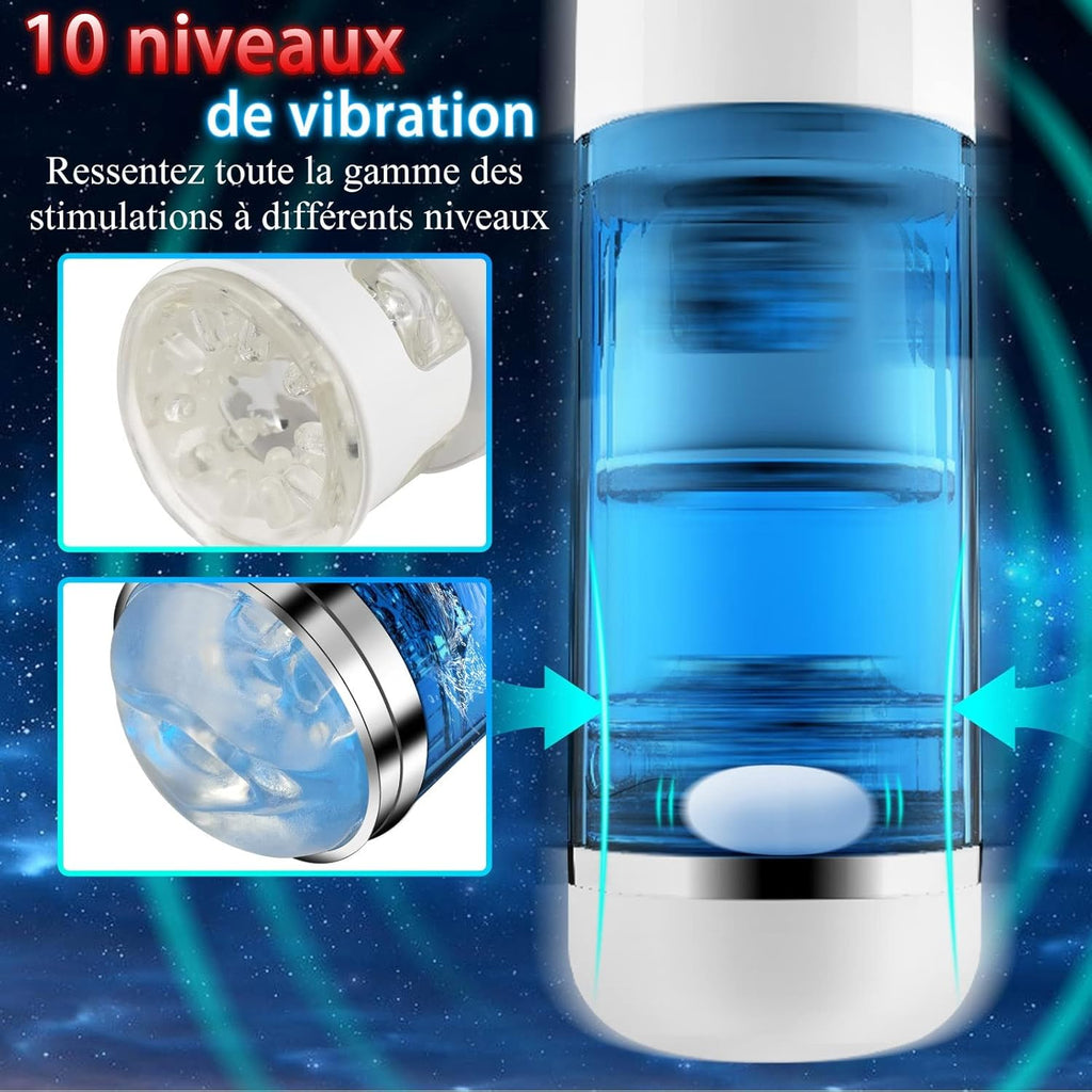 Masturbeuse Homme，Masturbateurs Masculins，Avec 10 Modes de Vibration et 5 Modes de Succion ，Piston Rétractable et rotatif au Niveau du Gland，Masturbateur Automatique
