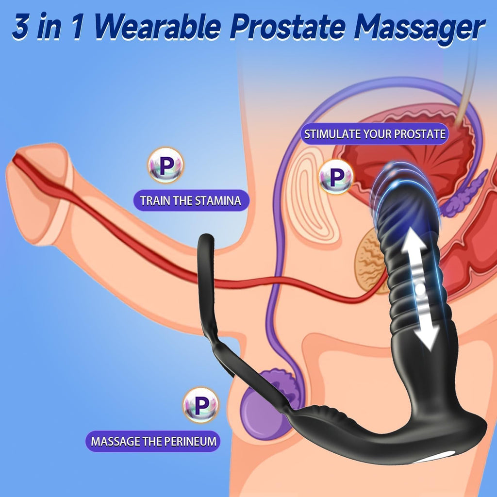 3 EN 1 Masseurs de Prostate sex toýs homme，vibromasseur avec Anneau Pénien, extenseur homme Télécommandé, Plug anal gode vibrateur avec 9×9 modes de poussée vibrant portabl Pour Couple sex toys