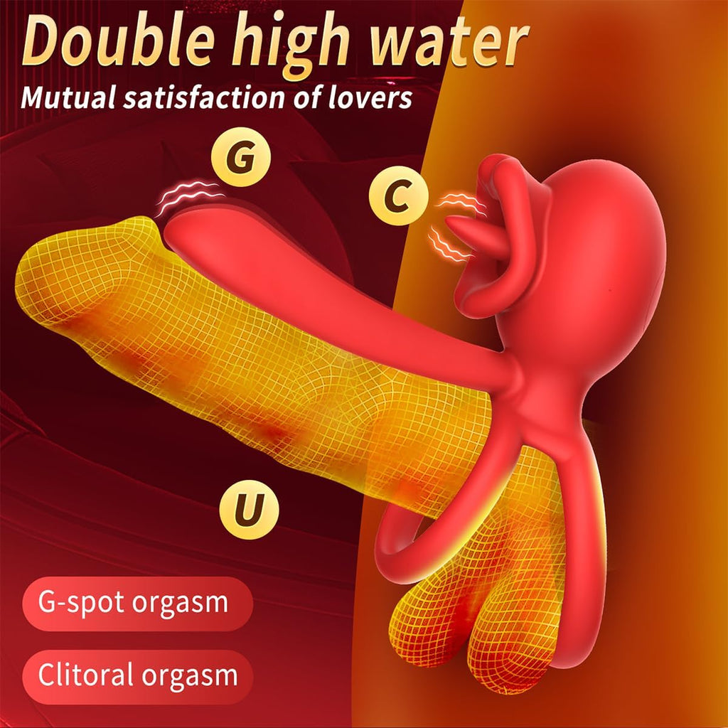 Anneau vibrant pour pénis et clitoris, 9 modes de vibration avec fonction léchage de langue, stimulateur du point G à double anneau en silicone, idéal pour les couples