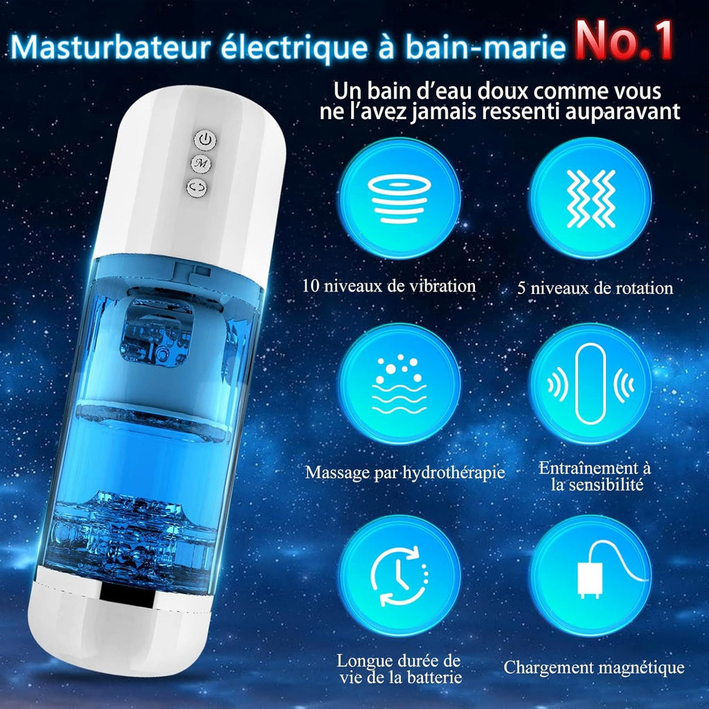 Masturbeuse Homme，Masturbateurs Masculins，Avec 10 Modes de Vibration et 5 Modes de Succion ，Piston Rétractable et rotatif au Niveau du Gland，Masturbateur Automatique