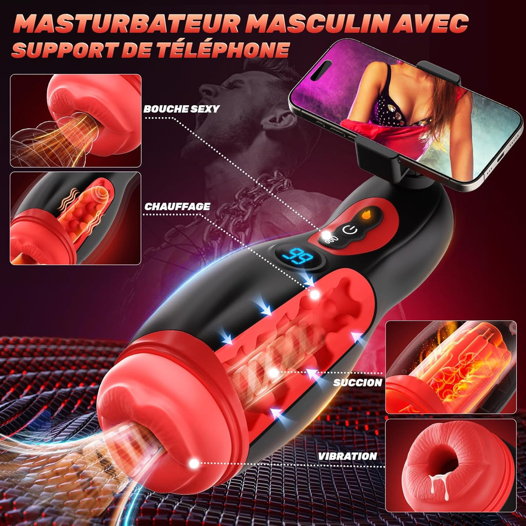 Masturbateurs Masculins Sex Toýs Homme, Support de téléphone Masturbâteur Homme Mains Libres avec 9 Succion et 9 Vibration, 3D Vaginette Ultra Réaliste Bouche Sexy Fonction de chauffage Sex Toys, APP