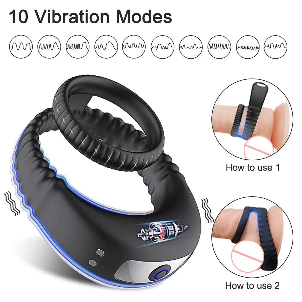 Anneaux vibrants pour couple pour hommes, Anneau pénien 2 en 1 pour un plaisir et une stabilité accrus, 10 vibrations réglables pour des performances plus longues et plus fortes