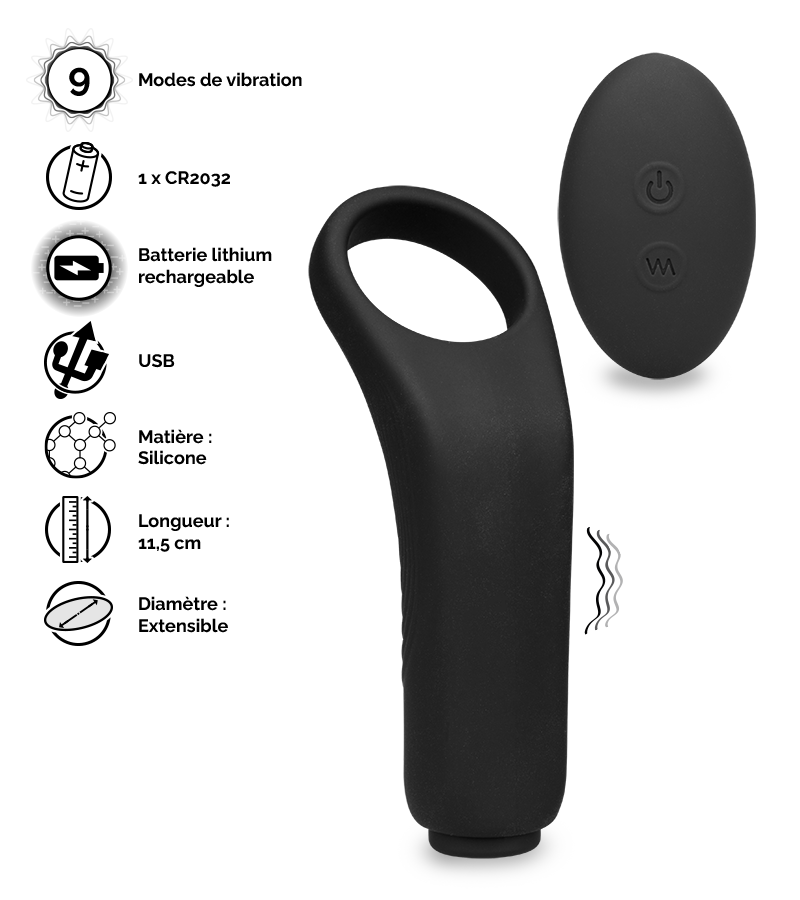 Anneau cockring vibrant télécommandé 9 modes