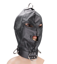 Charger l&#39;image dans la galerie, Cagoule BDSM en similicuir trois ouvertures et anneaux