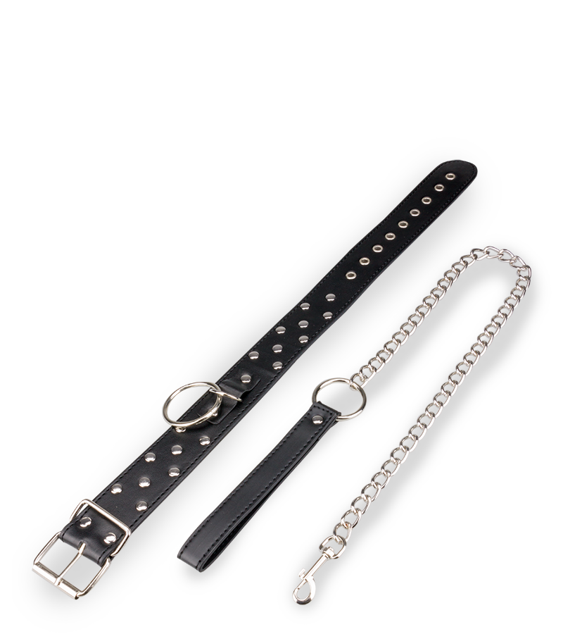 Collier BDSM rivets et anneaux avec laisse