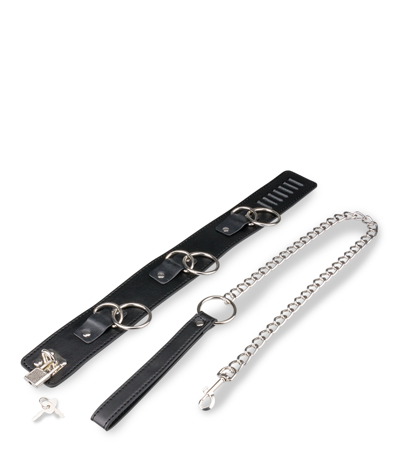 Collier cuir BDSM 3 anneaux + laisse