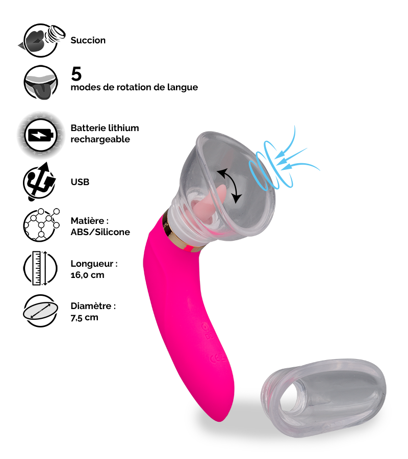 Pompe à vulve avec langue et 2 embouts