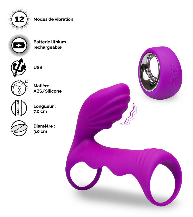 Vibromasseur couple avec cockring télécommandé 12 modes